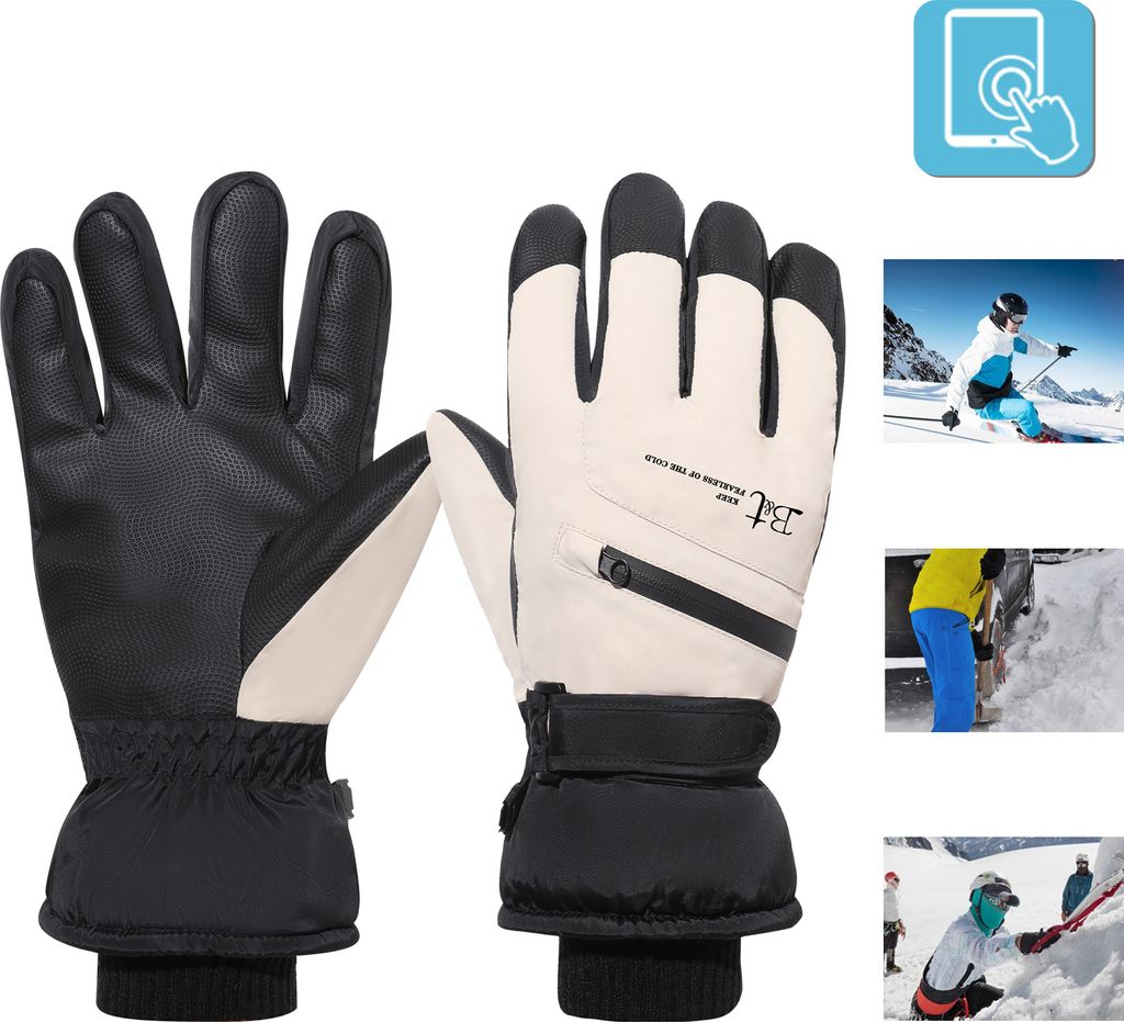 Handschuhe Winter Herren,Fahrradhandschuhe Wasserdicht Winddicht,Skihandschuhe Thermo Handschuhe Rutschfest für Radfahren Skifahren Wandern,Beige