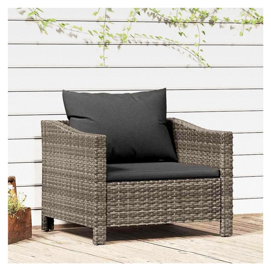 Gartensessel mit Kissen, Grau, Poly Rattan, Outdoor Loungesessel für Garten, Terrasse, Balkon, Pulverbeschichteter Stahlrahmen, 110 kg Tragfähigk...