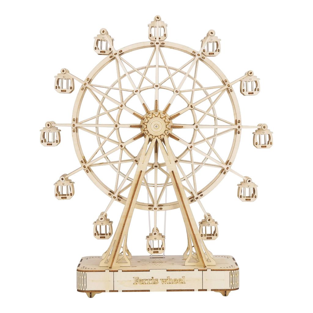 A wooden model of a Ferris wheel on a white background.