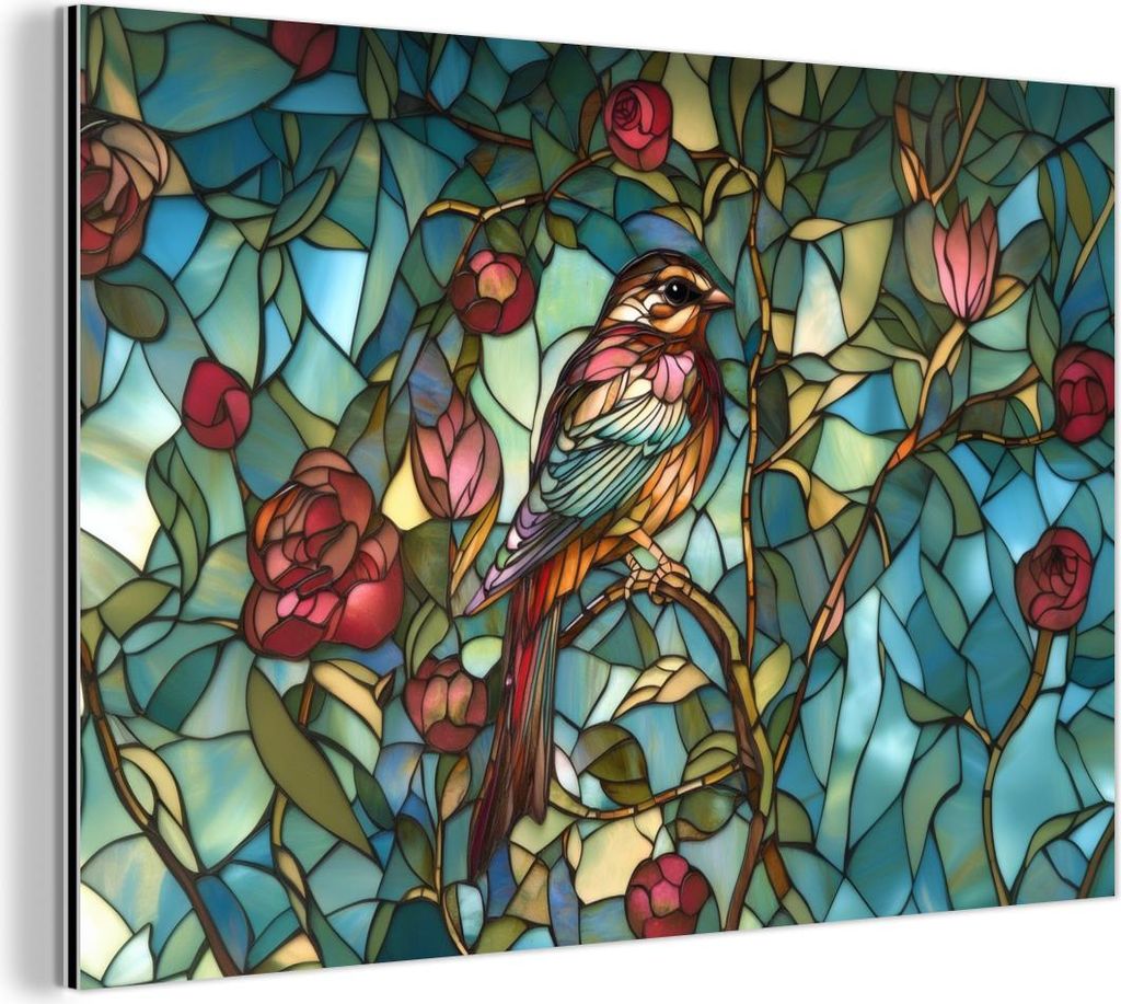 MuchoWow Wanddekoration Metall Metallbild Wandkunst 60x40 cm Vogel - Zweig - Rosen - Mosaik MuchoWow Aluminium Gemälde - Gemälder