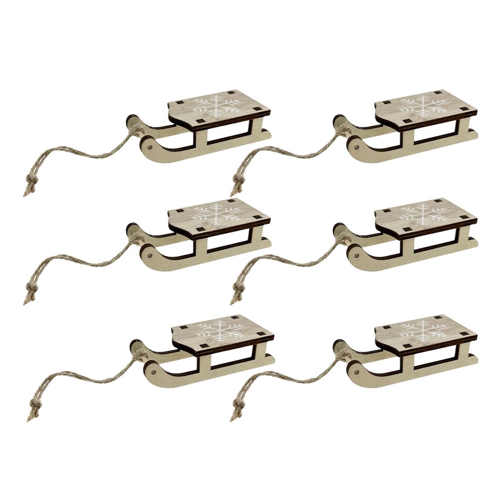 6 x Schlitten aus Holz im urbanen Vintage Look L 10 cm - Dekoschlitten Holz Baumschmuck Holz - Baumhänger aus Holz - Christbaumschmuck Holz