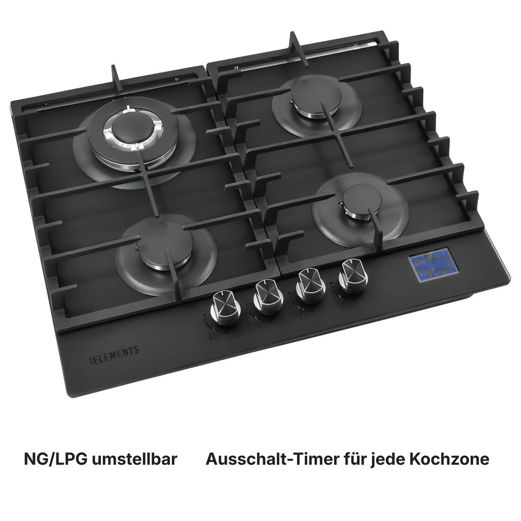 Gaskochfeld 4 flammig, Gaskochfeld 60cm, DIGITALER GAS-STOP-TIMER , LPG/NG, Automatische Sicherheitsabschaltung, Autark