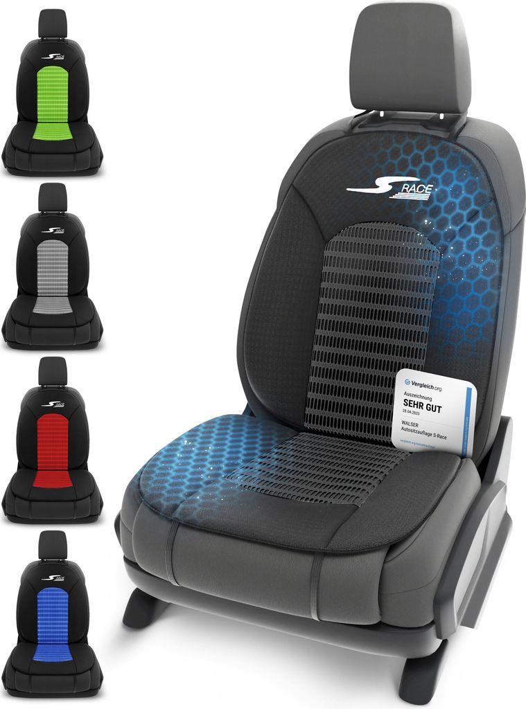A car seat cover is displayed in multiple colors, with one cover shown on a car seat with a graphic overlay.