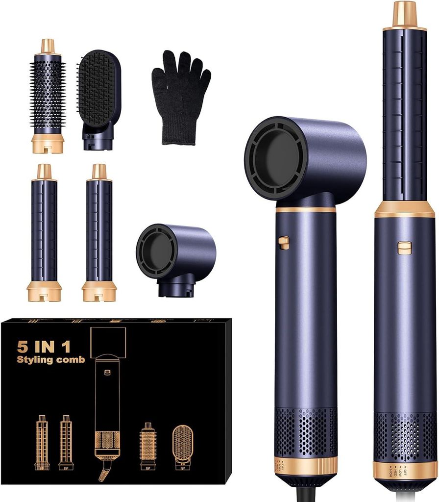 5 in 1 Hairstyler Airstyler Airbrush Pro 1000W, 60000 RPM Föhnbürste, Lockenstab links/rechts, Negativ-Ionen, Volumen, Locken, Föhnen
