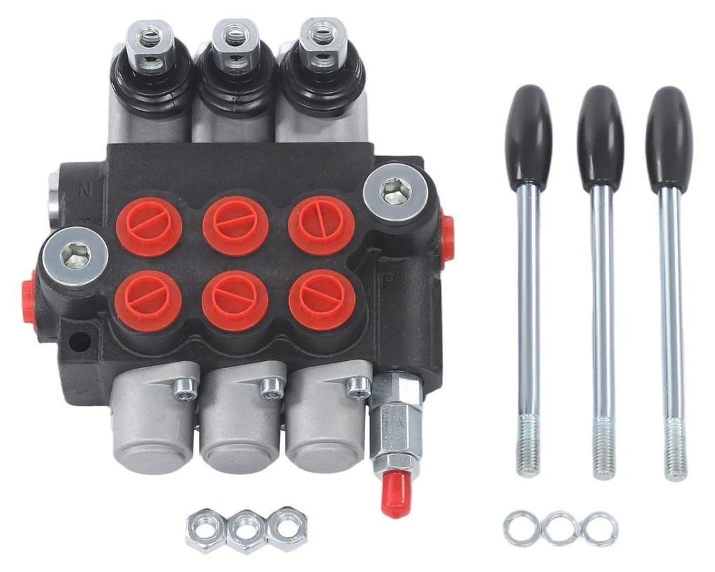 Hydraulisches Wegeventil - 3P40 Monoblock - 40 L/min Durchfluss - Manuelle Bedienung - Einstellbares Überdruckventil - Gusseisen - Silber/Schwarz/Rot