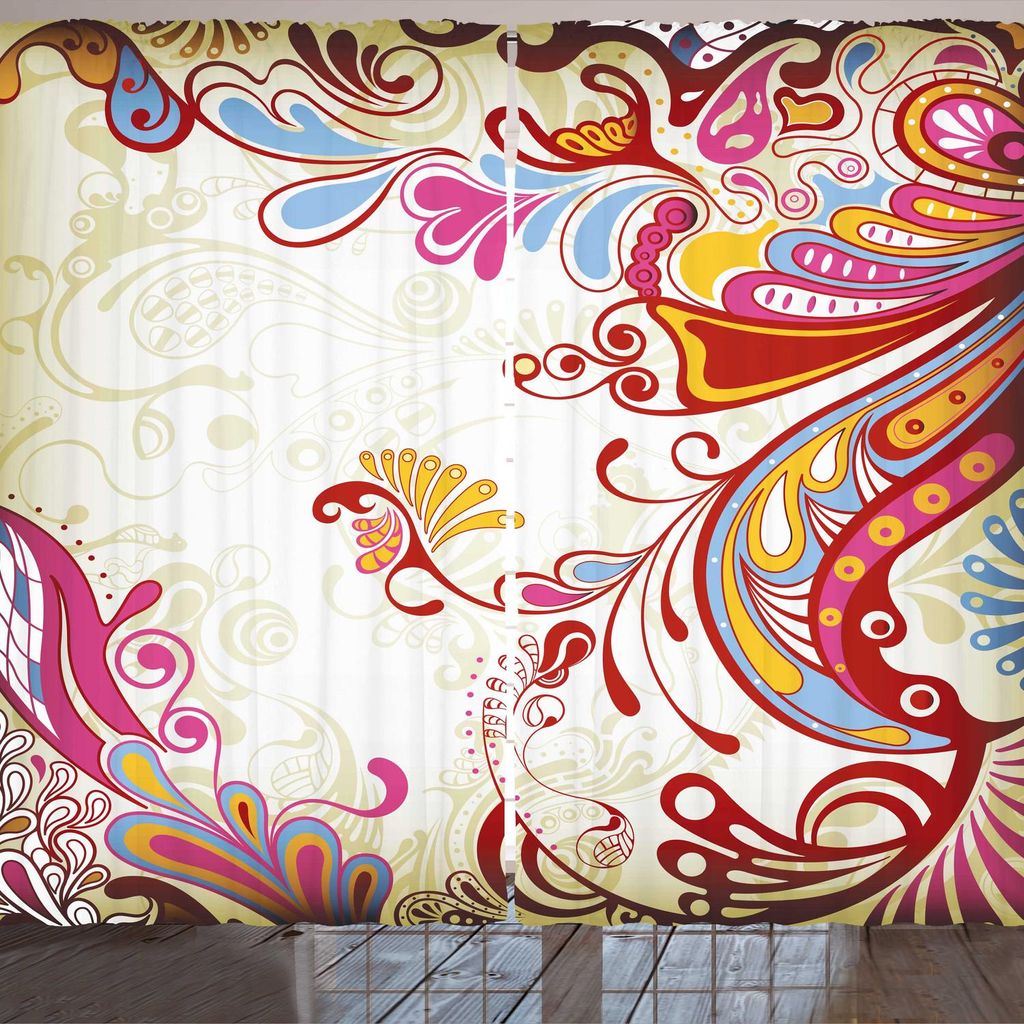 ARANDE Bunt Gardine, Blumen-Blumenstrauß mit Paisley-Muster Bunte Blumen Damast-Druck Bohemian Perser, 280 x 225 cm, Grau Gelb Mehrfarbig