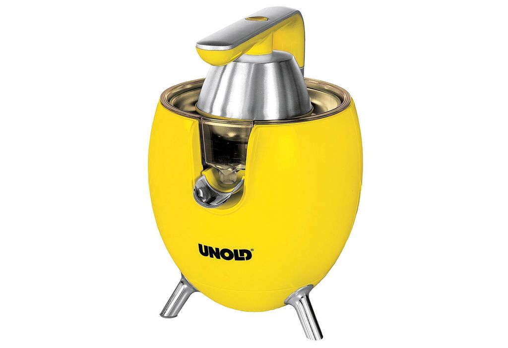 A bright yellow citrus juicer with silver accents, standing on a white background.