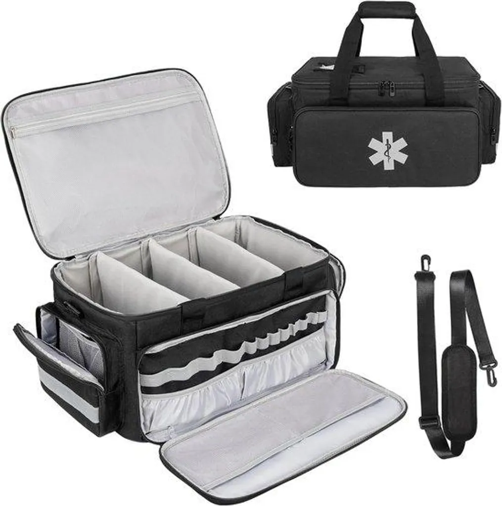 Trousse médicale noire à compartiments, rangement grande capacité