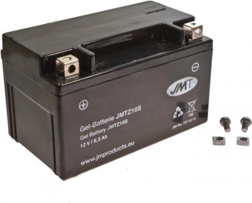 A black gel battery for a vehicle, shown at a slight angle, with some screws and nuts to the right.