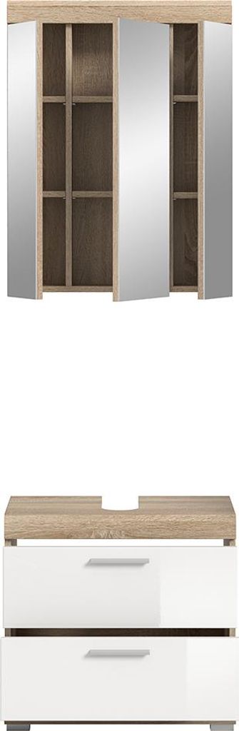 Badezimmer-Set 2-teilig in Sonoma Eiche mit weiß Hochglanz, mit Spiegelschrank - SIROCO-158