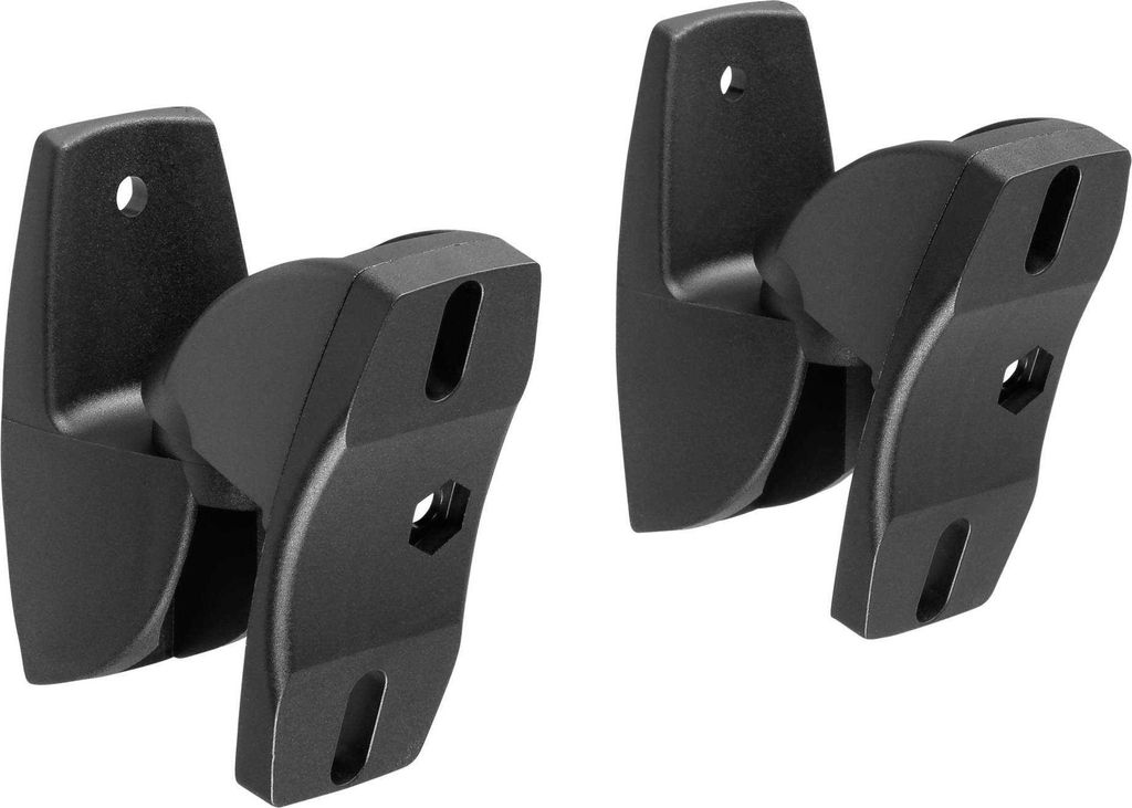 Two black speaker stands are shown against a white background.