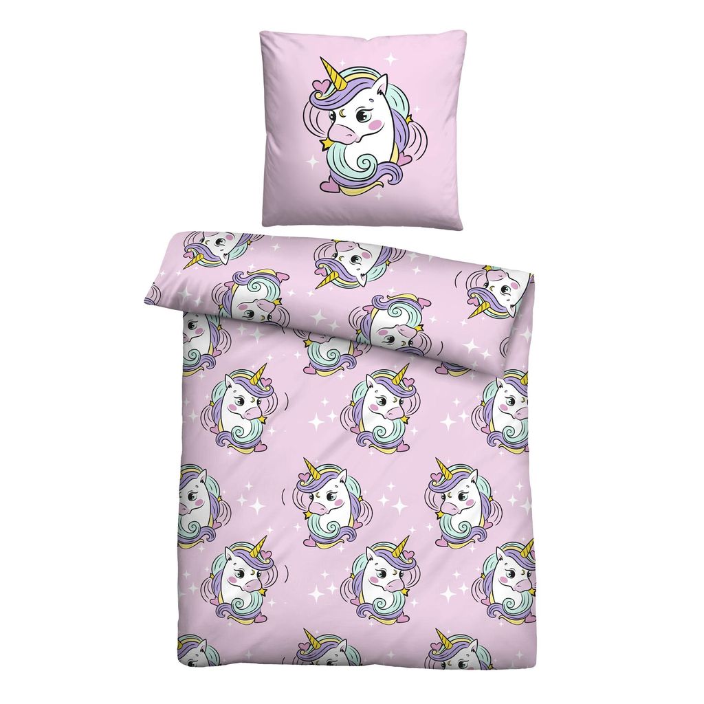 Bestlivings Bettwäsche-Set 2-tlg Bezug 135x200 cm + Kissenbezug 80x80 cm Standard, Microfaser Satin- Kinderbettwäsche mit Motiv Einhorn