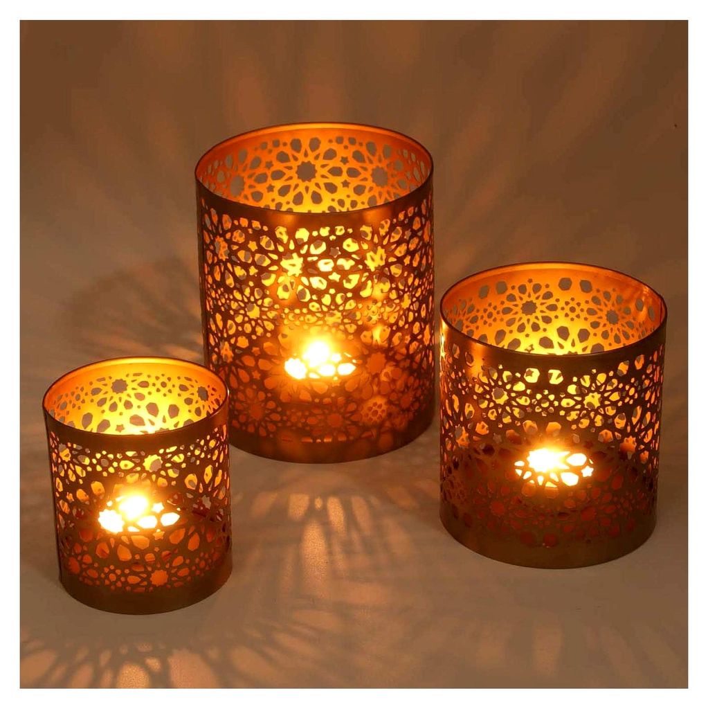 Marokkanisches Windlicht 3er Set Navin aus Metall im Antik-Gold Look, 3 runde Kerzenhalter, Orientalische Teelichthalter für Ostern und Muttertag