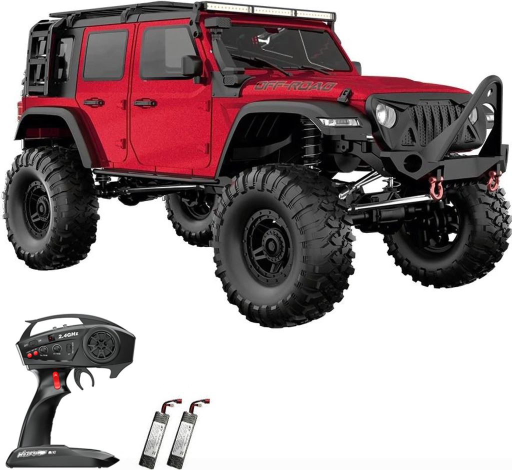 Ferngesteuertes Auto, Massstab 1:10, 2,4 G, 4WD, elektrischer Crawler, wiederaufladbares Gelaendefahrzeug mit LED-Leuchten, 2 Batterien, Autospielz...