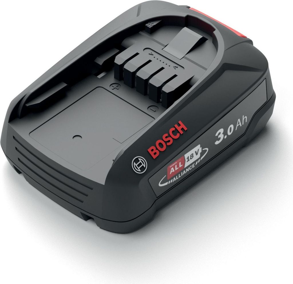 A black and gray Bosch power tool battery pack with red accents is shown on a white background.