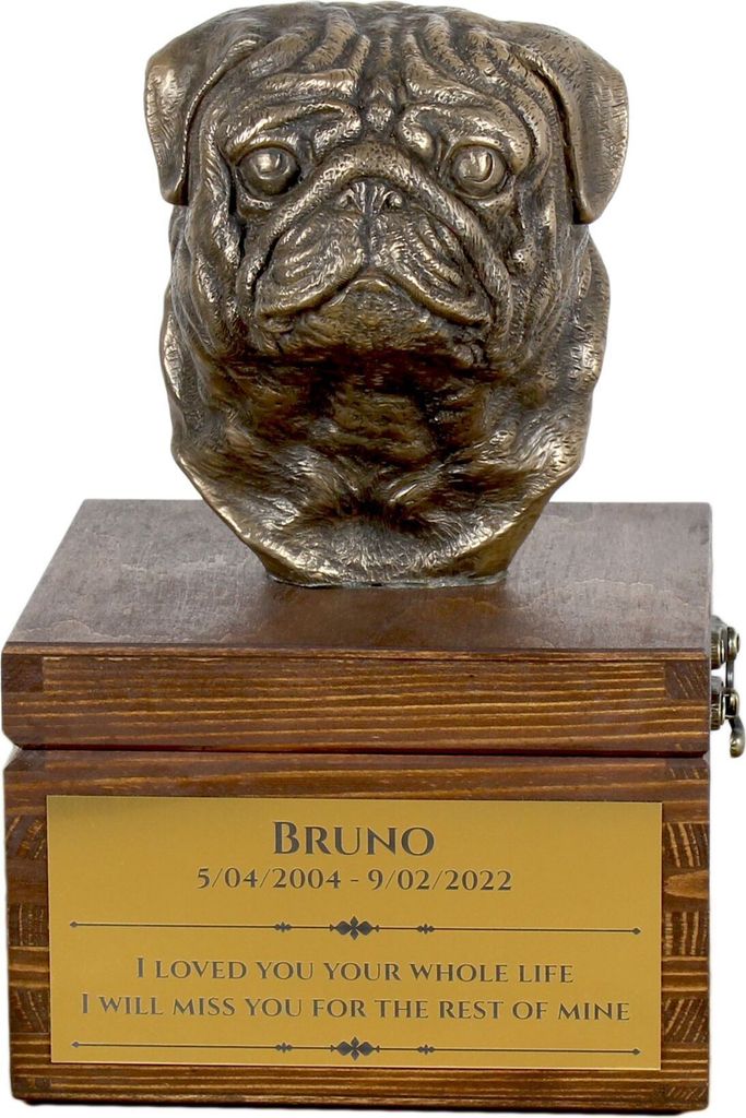 Mops, Pug, Carlin, Carlino, Doguillo - Eine Ascheurne für Hunde mit einer Statuette, eine kleine Urne für Hunde, eine personalisierte Urne mit de...