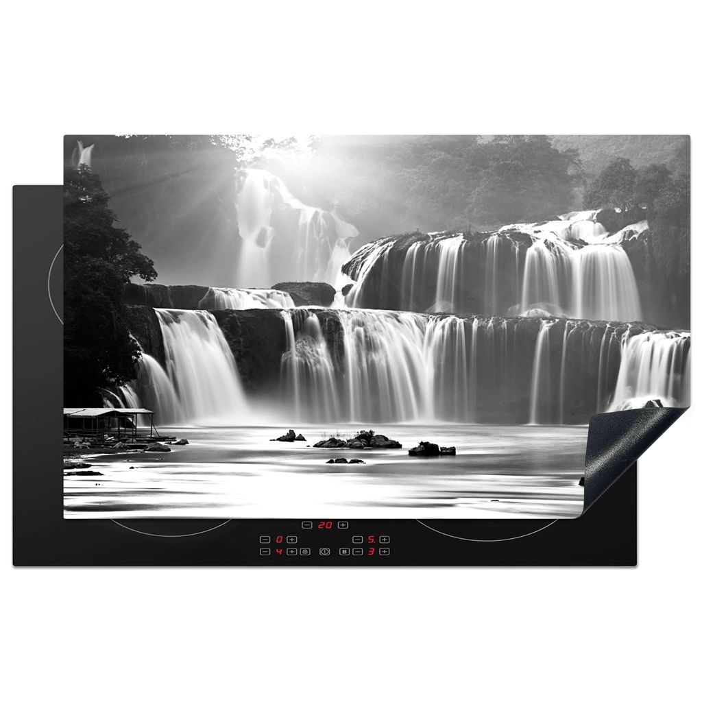 KitchenYeah Herdabdeckplatte Wasserfall - Schwarz - Weiß - Ban Gioc , 85x52cm, Küche Deko, Glaskeramikkochfeld Herdabdeckung, Abdeckplatte fùr...