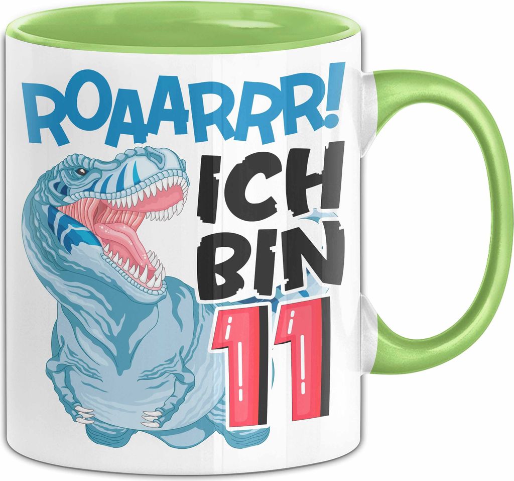 11. Geburtstag Geschenk Tasse Becher Jungs Dino T-Rex Roaarrr Ich Bin 11 (Grün)