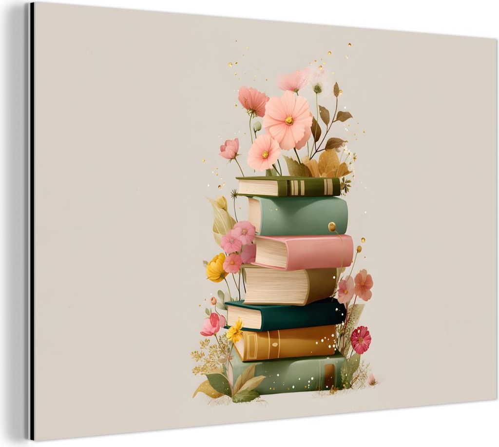 MuchoWow Wanddekoration Metall Metallbild Wandkunst 150x100 cm Bücher - Stapel - Blumen - Farbenfroh MuchoWow Aluminium Gemälde - Alu Dibond Bild