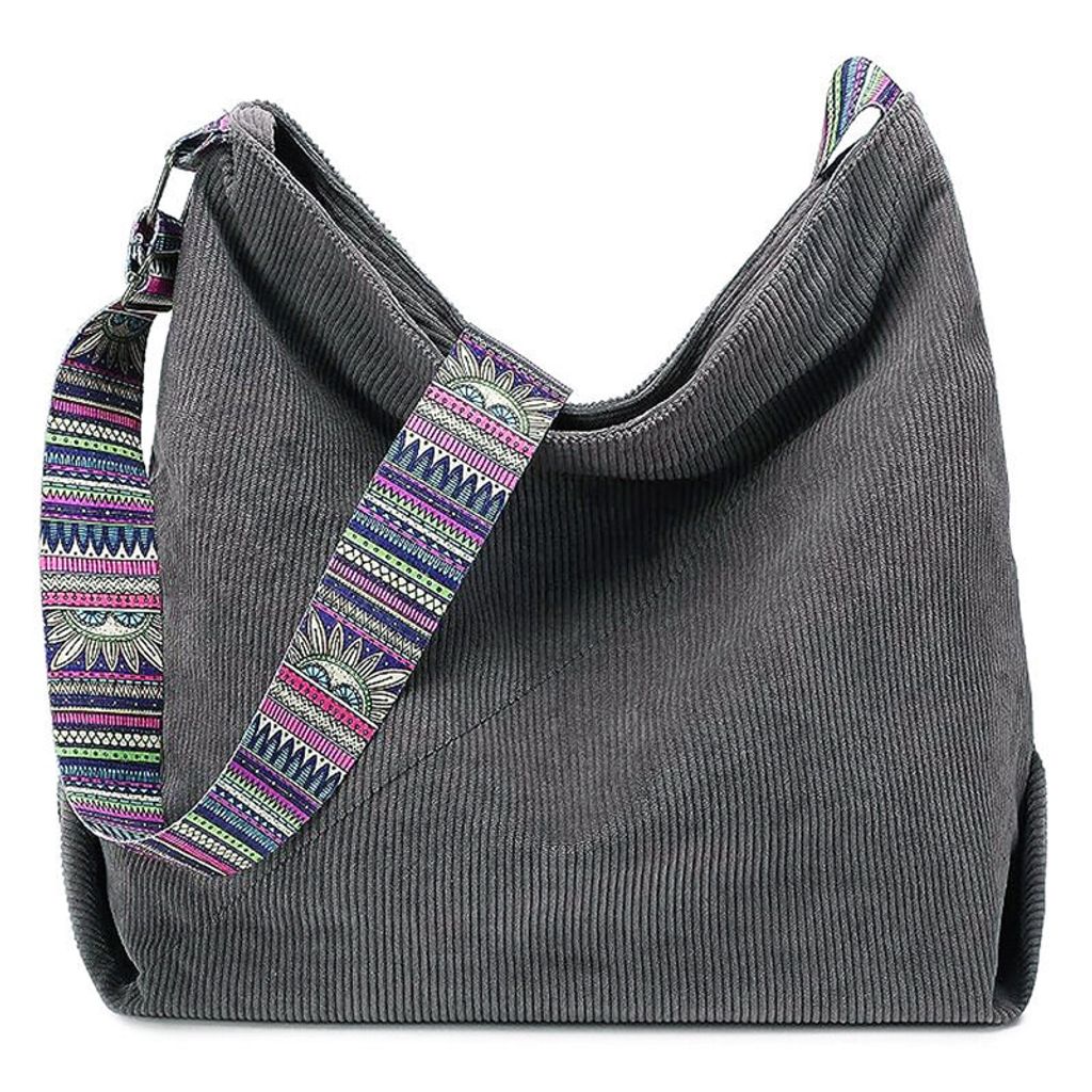 MODFU Damen Cord Tasche Umhängetasche Groß Canvas Handtasche Shopper Tasche Casual Schultertasche Perfekt Schule Reisen Einkauf Grau
