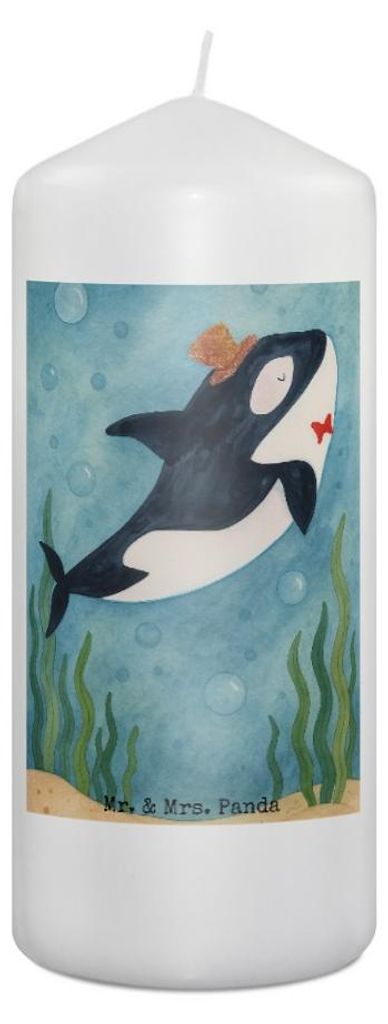 Mr. & Mrs. Panda Kerze Orca Zylinder Design 19 x 8 cm - Weiß - Geschenk, Fest, Glitter, Meerestiere, Wachskerze, Erinnerungslicht, Glitzer, Geburt...