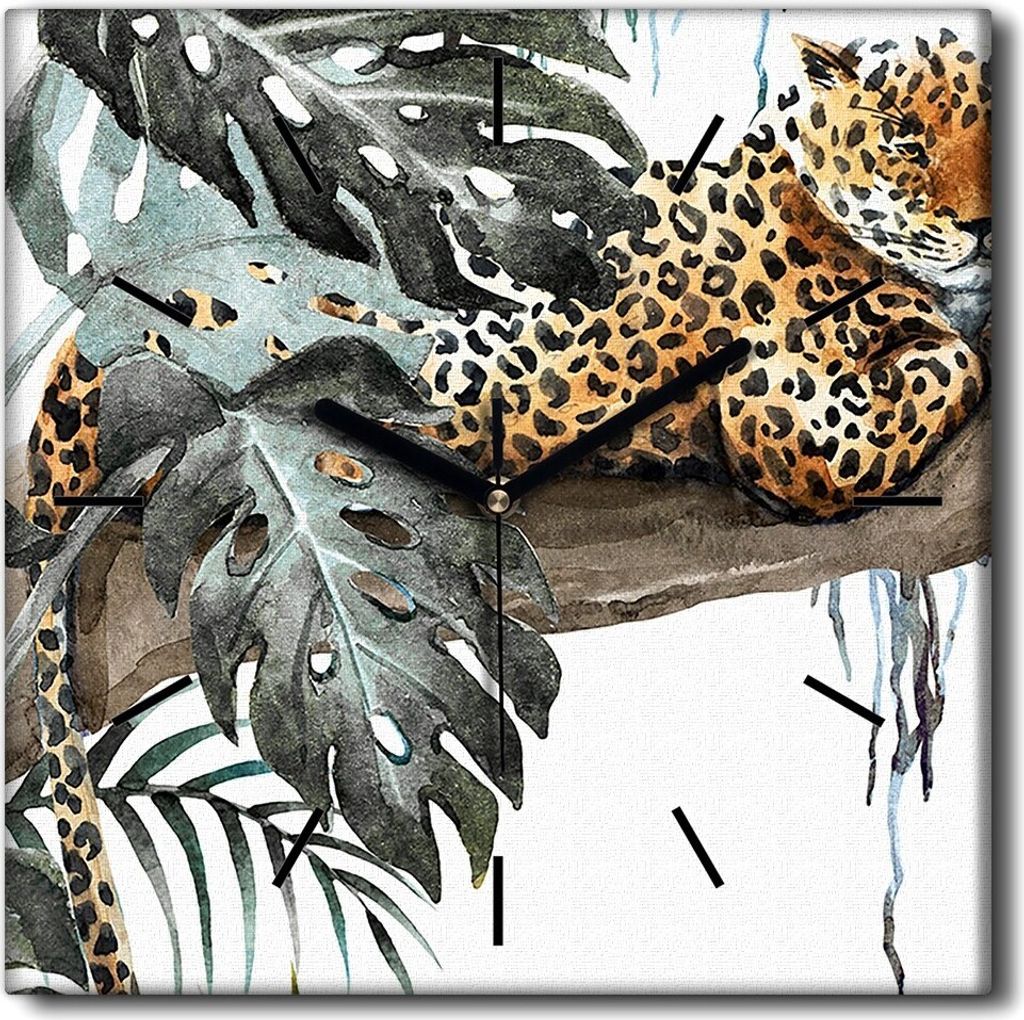 Coloray Uhr auf Leinwand 30x30 cm Wand Uhr Dekoration Wohnzimmer Segeltuch schwarze Hände -Aquarelle Leopard Cat.