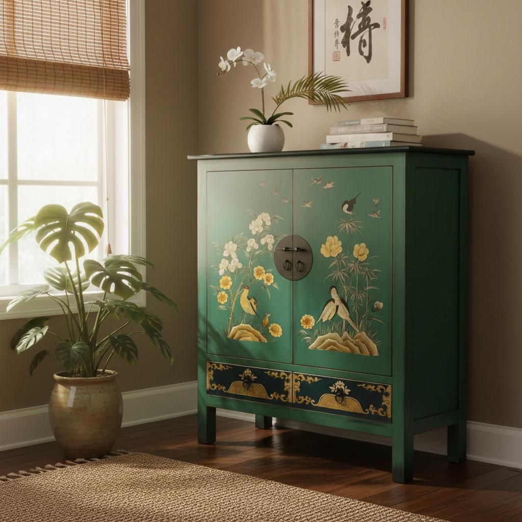 OPIUM OUTLET asiatischer Schrank Hoch-Kommode Sideboard Hochzeitsschrank Möbel chinesisch orientalisch Vintage Shabby-chic handbemalt.