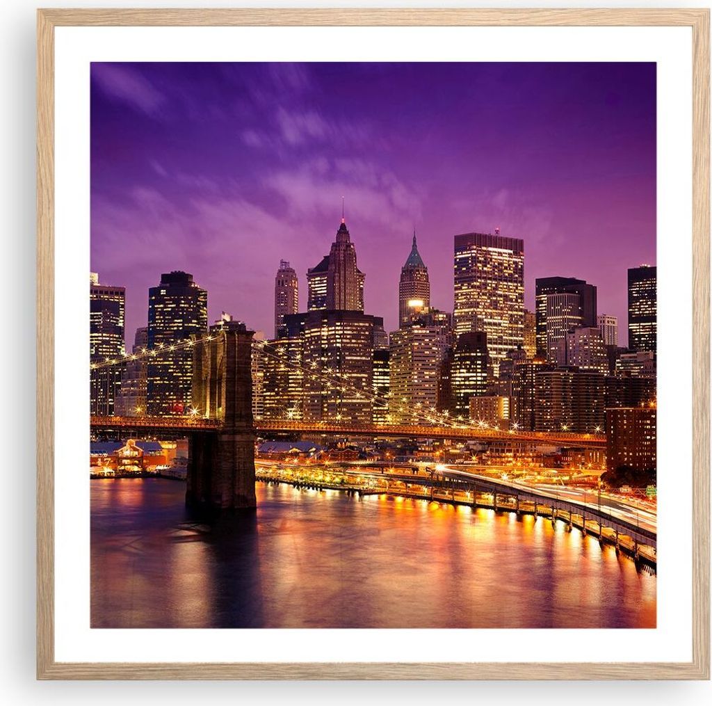 Gerahmtes Poster - Rahmen in heller Eiche - New york nacht brooklyn brücke - 60x60 cm - Wand Bild - Wanddeko - Wandbilder - Wandposter - Bilderrah...