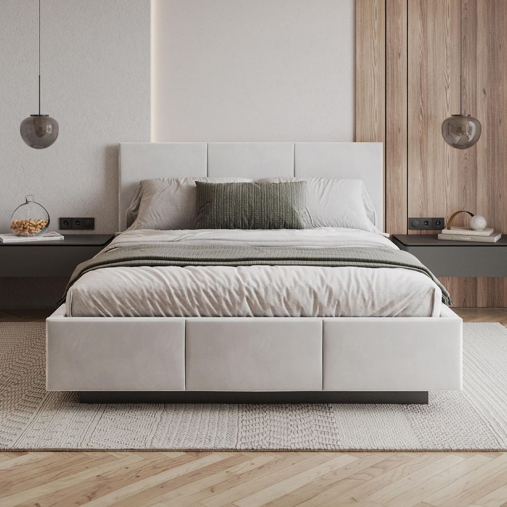 FDM Bett ALMADA Trinity 160x200 cm Polsterbett mit Lattenrost aus Metall Bettkasten Stauraumbett Samt weiß