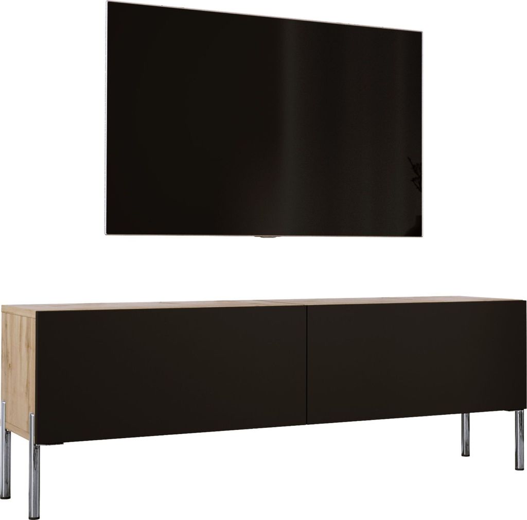 TV-SCHRANK in Wotan-Eiche / Mattschwarz mit Beinen in Chrom, 140 x 52 x 32 cm