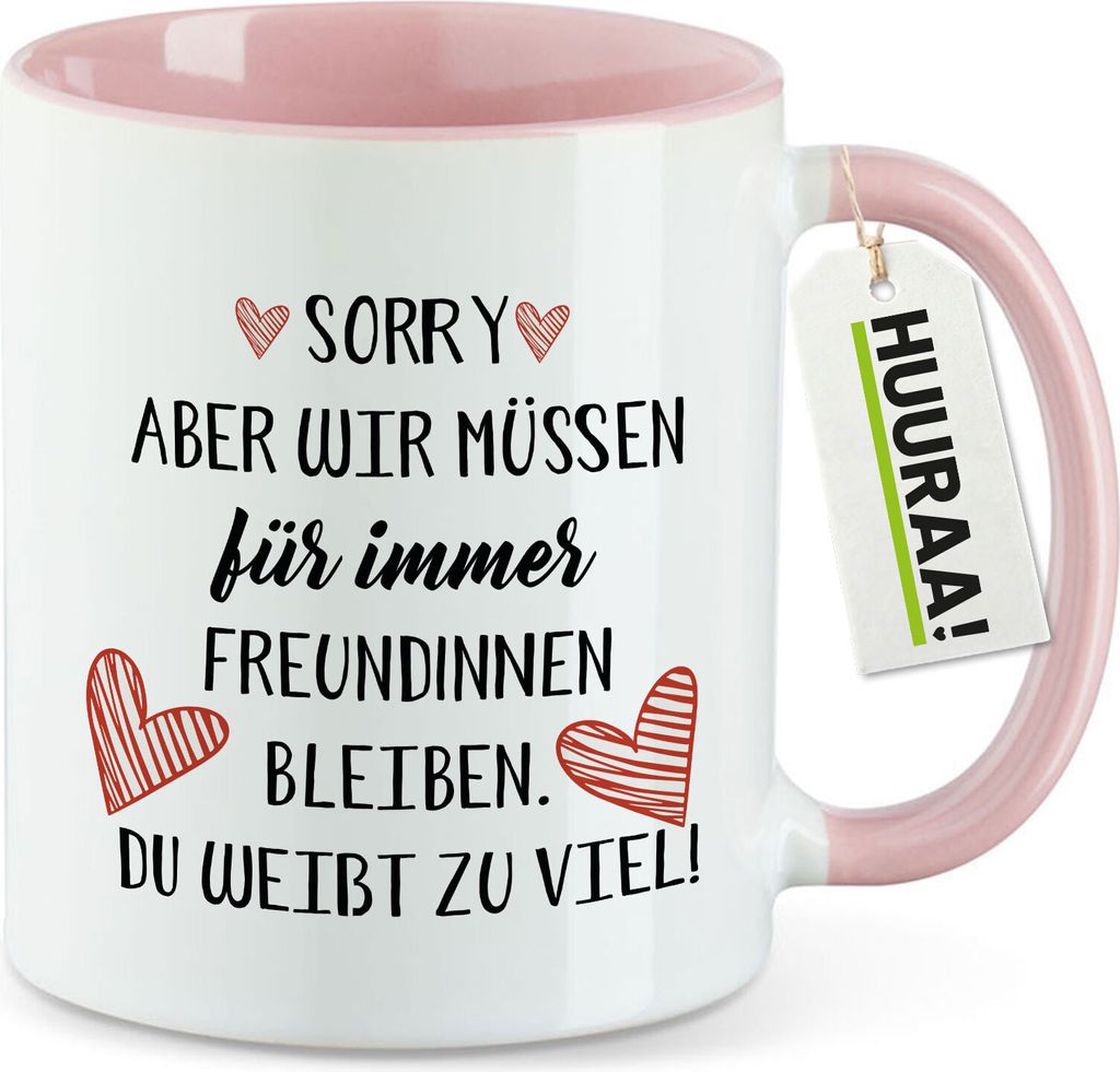 Huuraa Kaffeetasse Du weißt zu viel. Müssen für immer Freunde bleiben. 330ml Rosa Keramik Kaffeebecher Geschenkidee