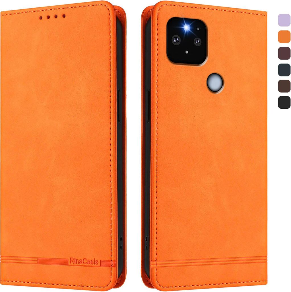 Hülle für Google Pixel 5 XL/Pixel 4A 5G, Retro Kunstleder Ständer Klapphülle mit Kartenfächer und Magnetische Orange