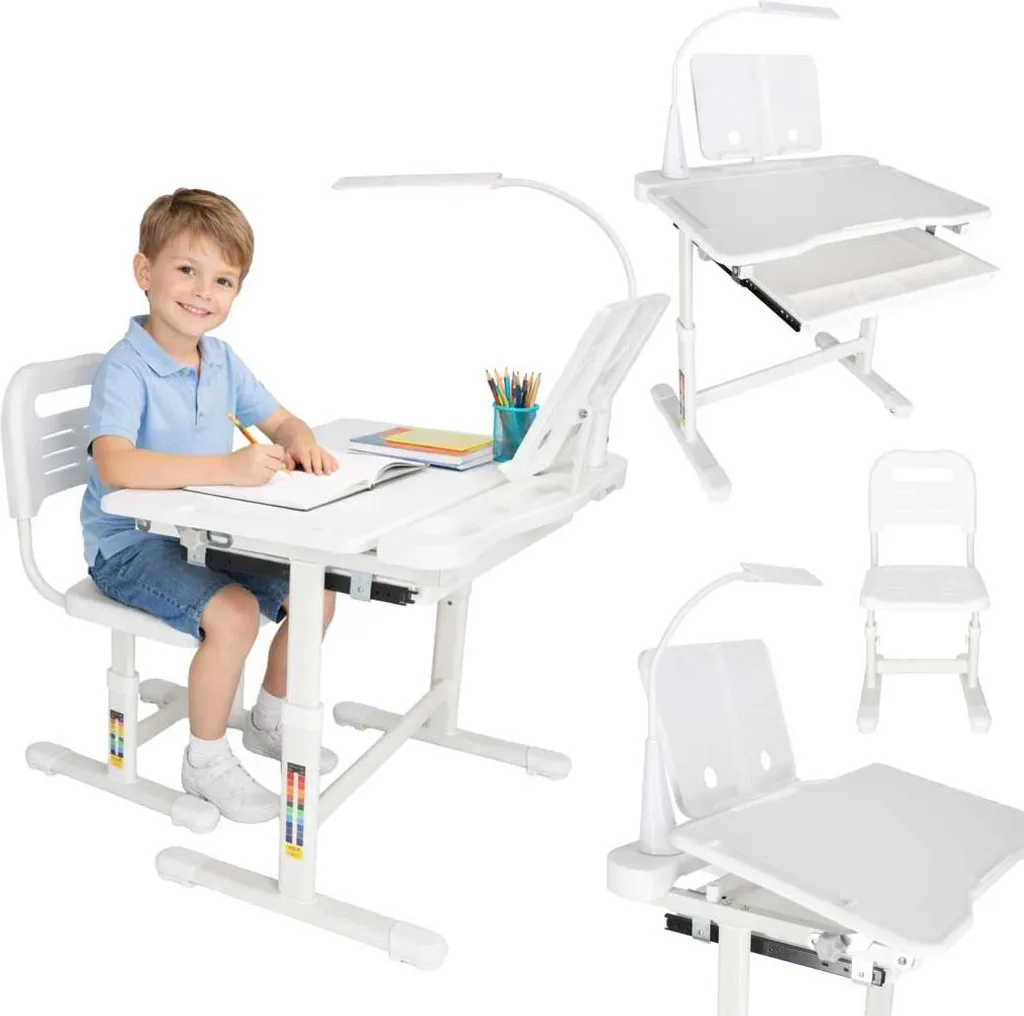 Bureau d'écolier ergonomique blanc avec chaise ajustable et lampe USB