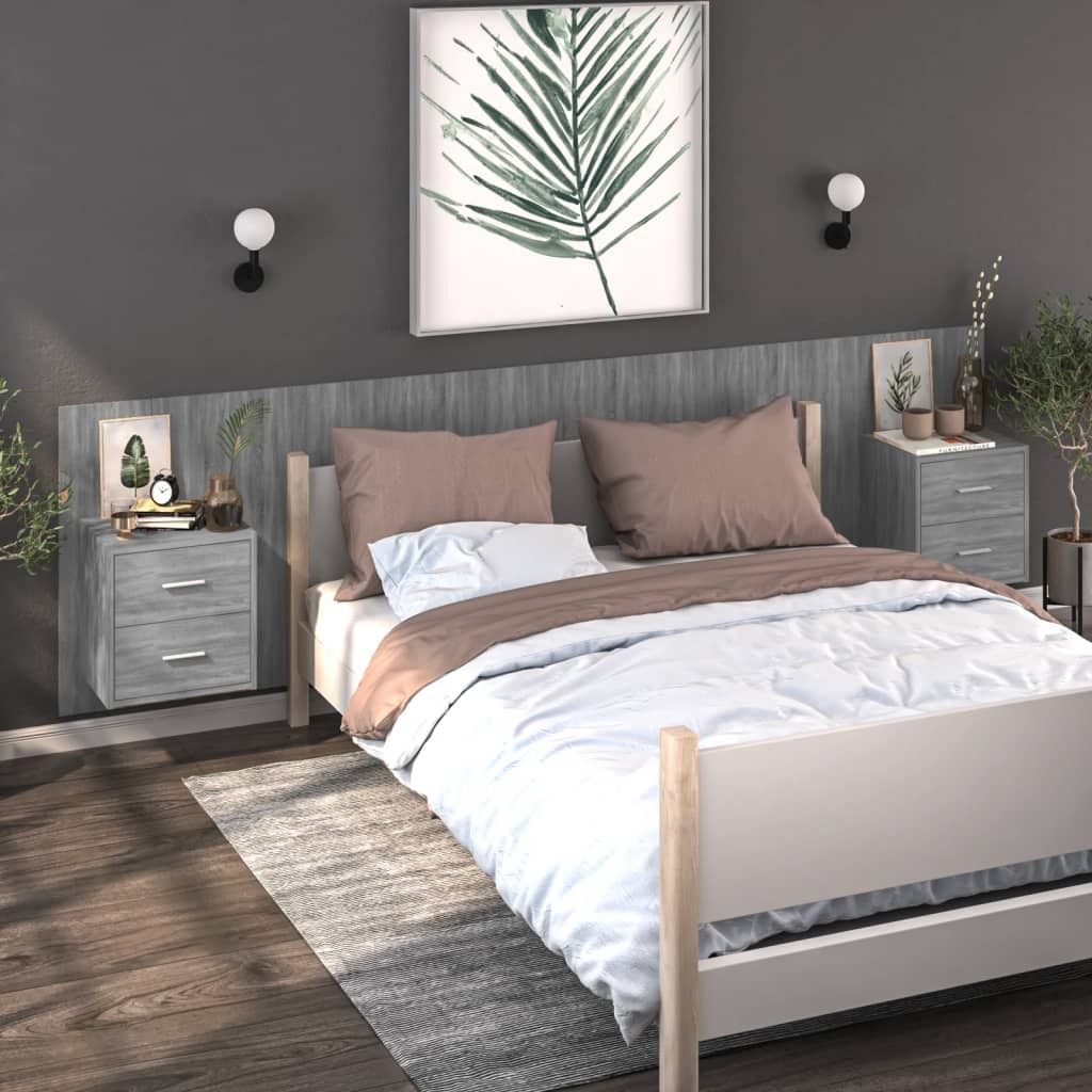 The Living Store Wand-Nachttische 2 Stk. Grau Sonoma