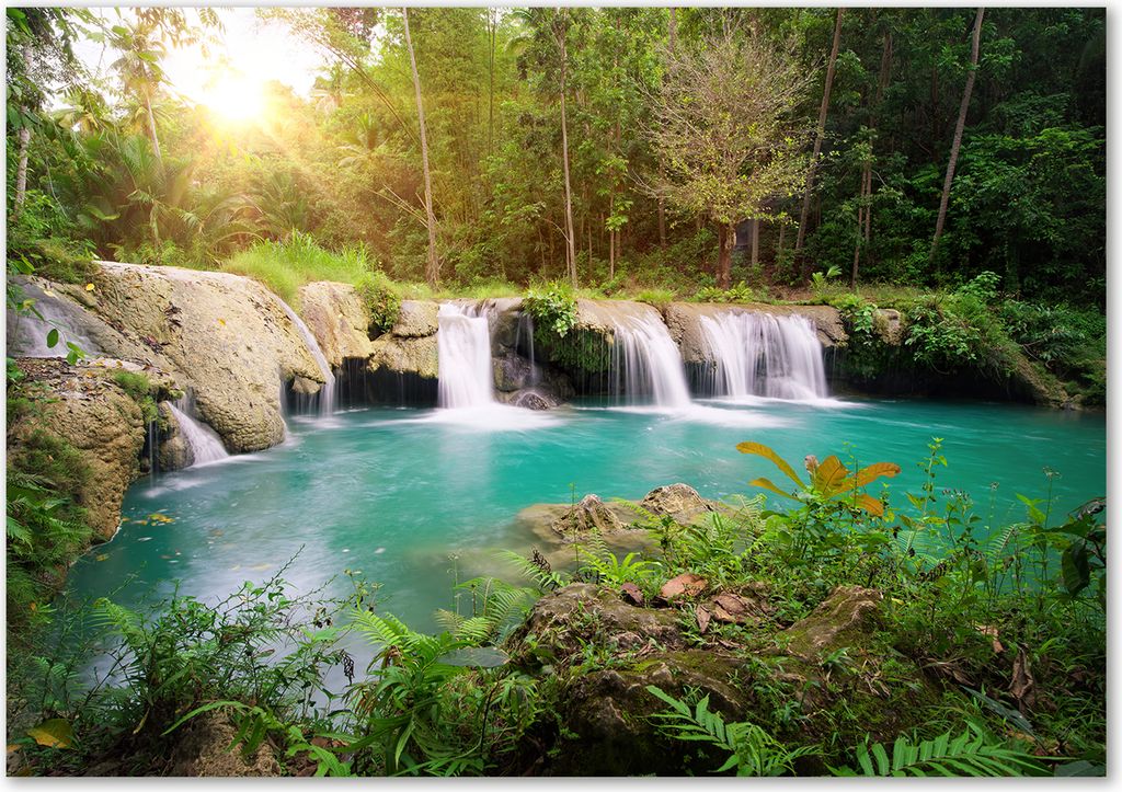 Tulup Glas-Bild - 100 x 70 - Wandbild aus Glas - Wandkunst - Wandbild hinter gehärtetem Sicherheitsglas - Landschaften - Wasserfall Wald - Grün
