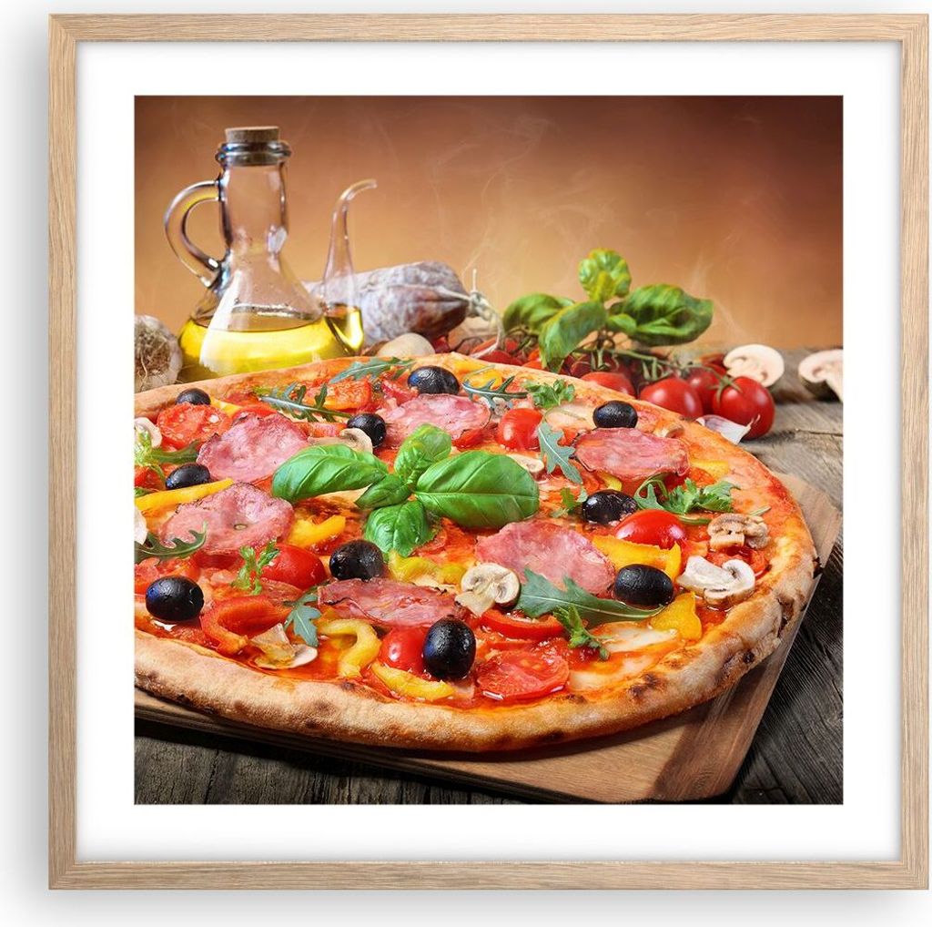 Gerahmtes Poster - Rahmen in heller Eiche - Pizza Käse Tomaten - 50x50 cm - Wand Bild - Wanddeko - Wandbilder - Wandposter - Bilderrahmen - Bilder...