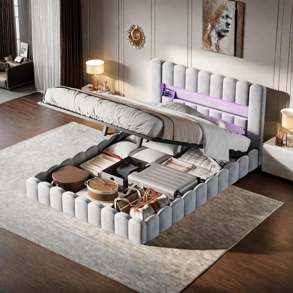 Doppelbett - Polsterbett - 180x200 cm - Kopfteil mit LED & USB - Bettkasten/Stauraum - Weiche Rückenlehne - Ohne Matratze - Grau