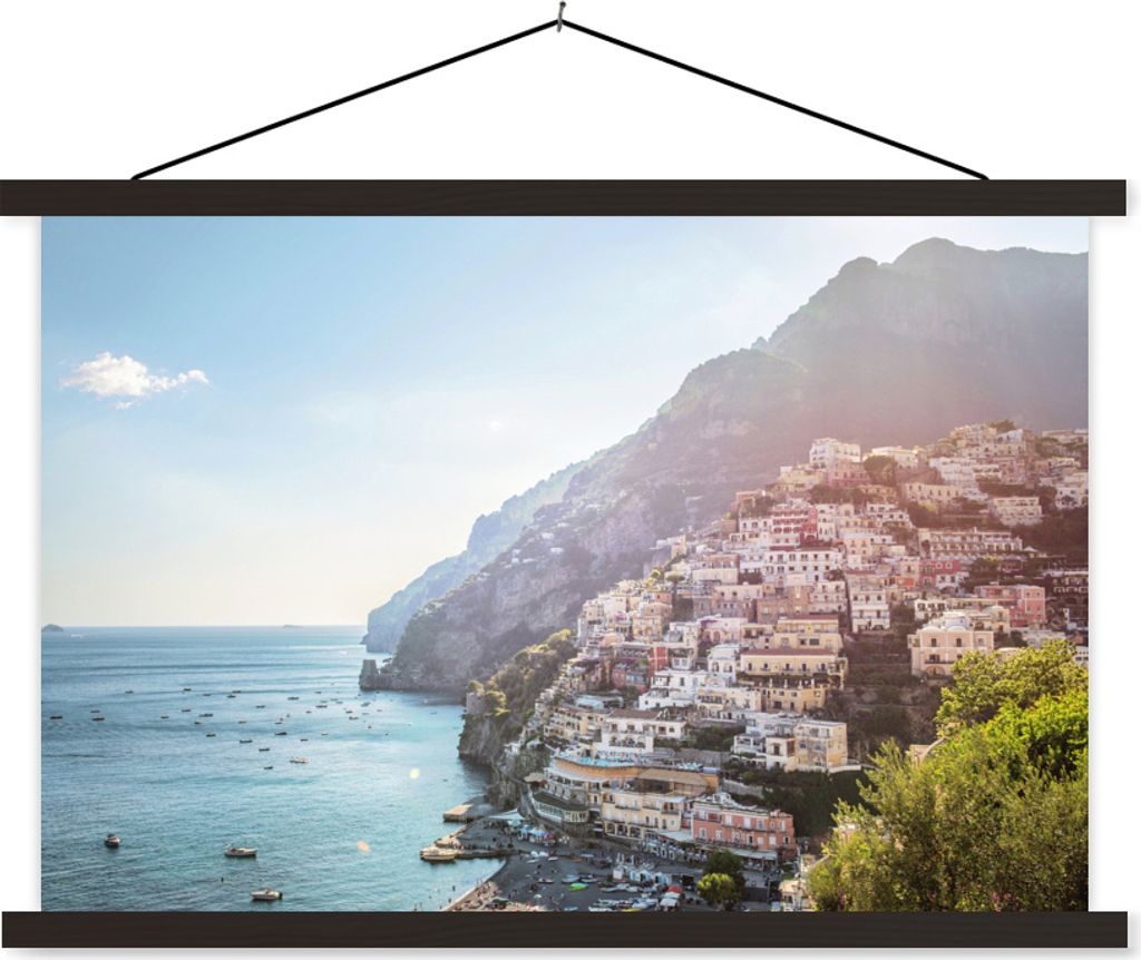 MuchoWow Textilposter Das Dorf Positano an der Amalfiküste 90x60 cm mit schwarzem Rahmen - Aufhängungssatz