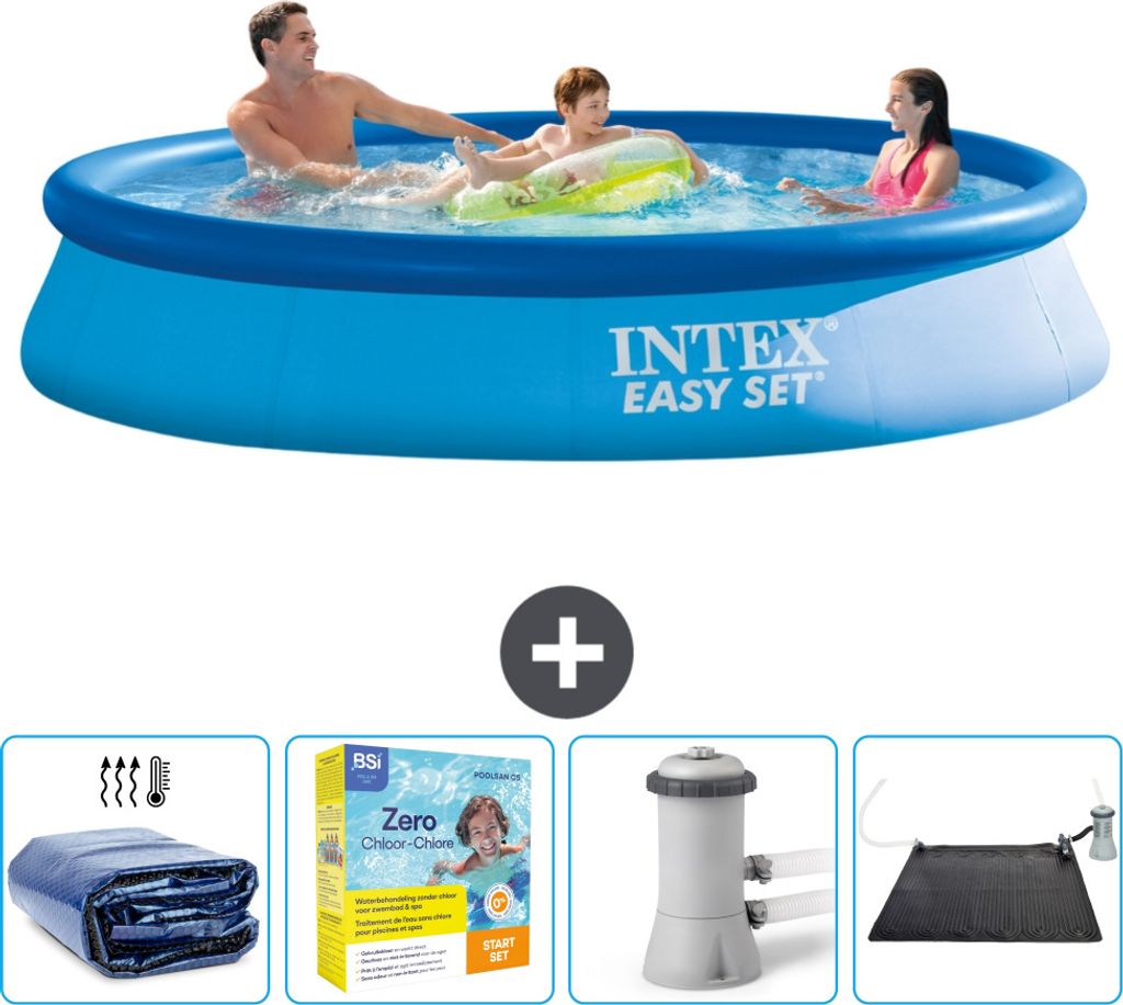 Intex runder aufblasbarer Easy-Set-Pool – 366 x 76 cm – Blau – im Lieferumfang enthalten Sonnensegel - Wartungspaket - Filterpumpe für Schwi...