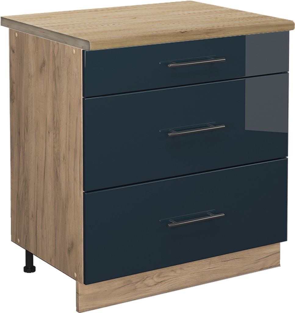Küchenunterschrank Vicco Fame-Line Dunkelblau Hochglanz 80 cm mit 3 Schubladen, AP Eiche, Model 48900