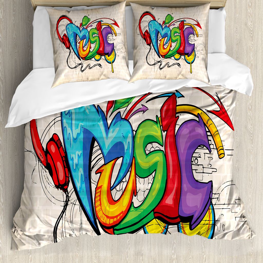 ABAKUHAUS Musik Bettbezug, Musik Graffiti Hip Hop, Milbensicher Allergiker geeignet mit Kissenbezügen, 155 cm x 220 cm - 80 x 80 cm, Mehrfarbig