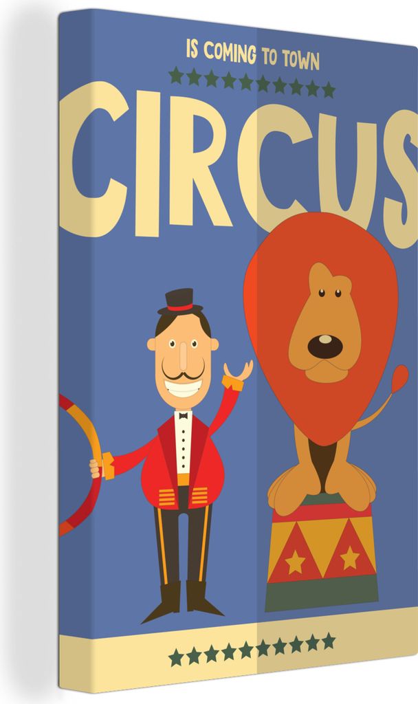 MuchoWow - Leinwandbilder - "Der Zirkus kommt in die Stadt" mit einem Löwen auf blauem Hintergrund, Wandbild, Wanddeko Bilder Wohnzimmer, 20x30 cm