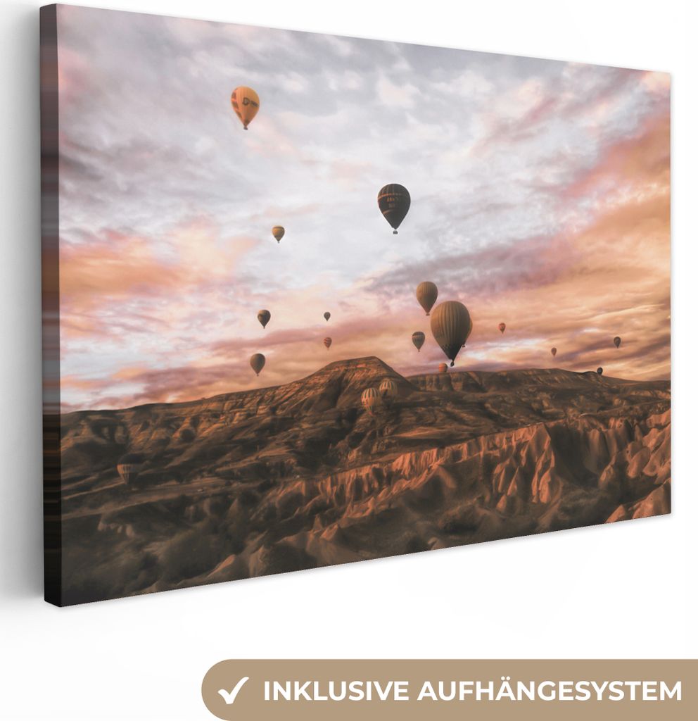 MuchoWow - Leinwandbilder - Landschaft - Heißluftballon - Berge - Braun, Wandbild, Wanddeko Bilder Wohnzimmer, 30x20 cm