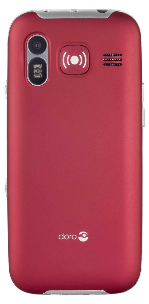 The back of a red Doro Primo 368 mobile phone.
