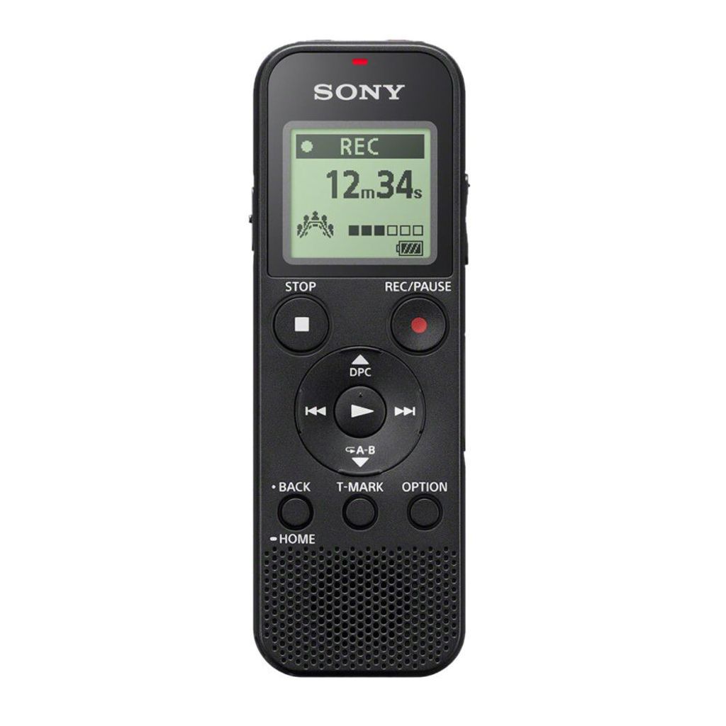 A black Sony digital voice recorder is shown against a white background.