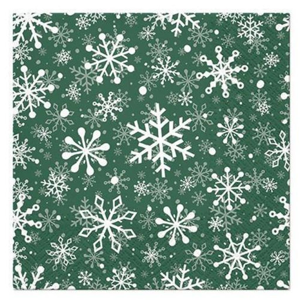 20 Servietten Christmas Snowflakes green - Weiße Schneeflocken auf grün 33x33cm