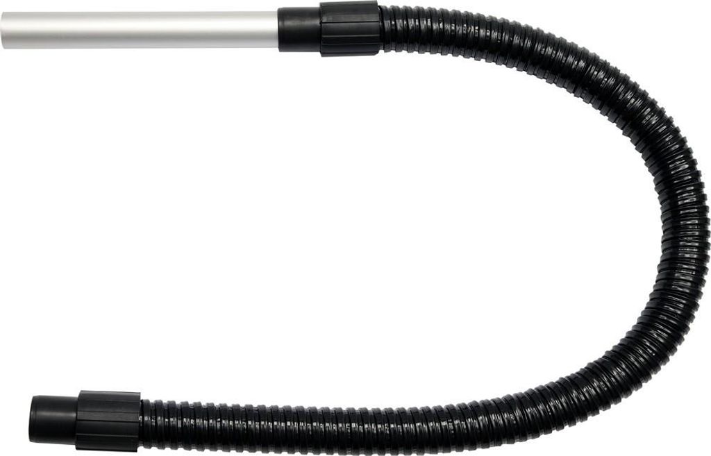 A flexible hose attachment for a vacuum cleaner, with a silver metal tube on one end and a black ribbed hose on the other.