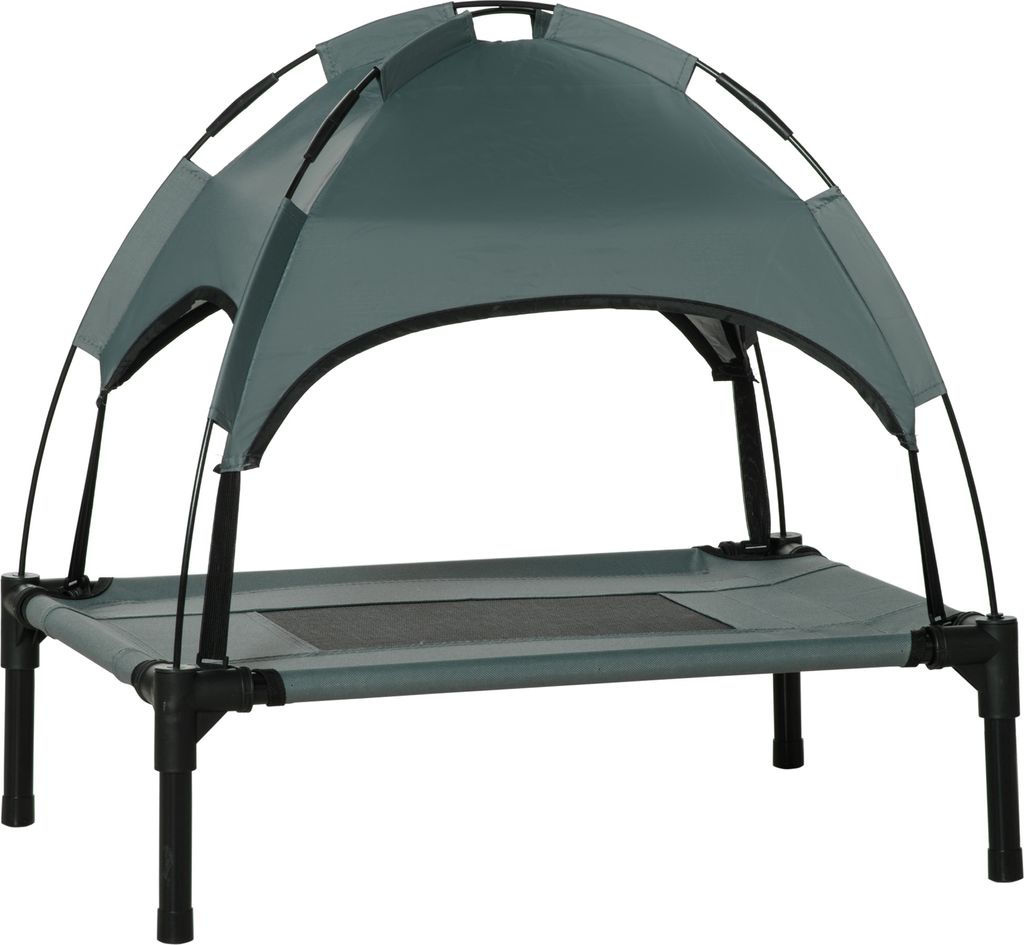 A raised pet bed with a canopy.