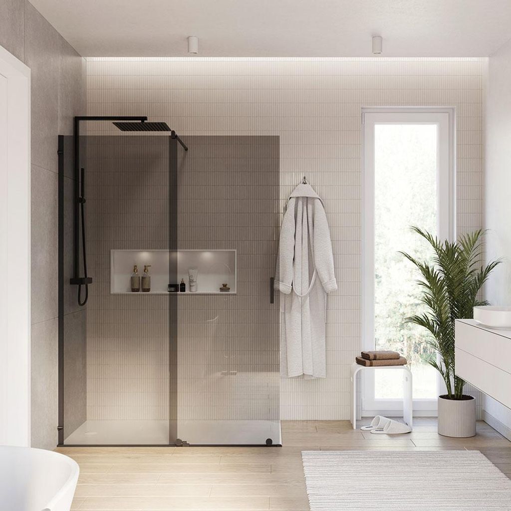 Duschabtrennung Walk-In Nano NT101 - Mit Schiebetür - Schwarz matt - Graues Glas - 8 mm - Breite wählbar, Breite Walk-In:1400mm