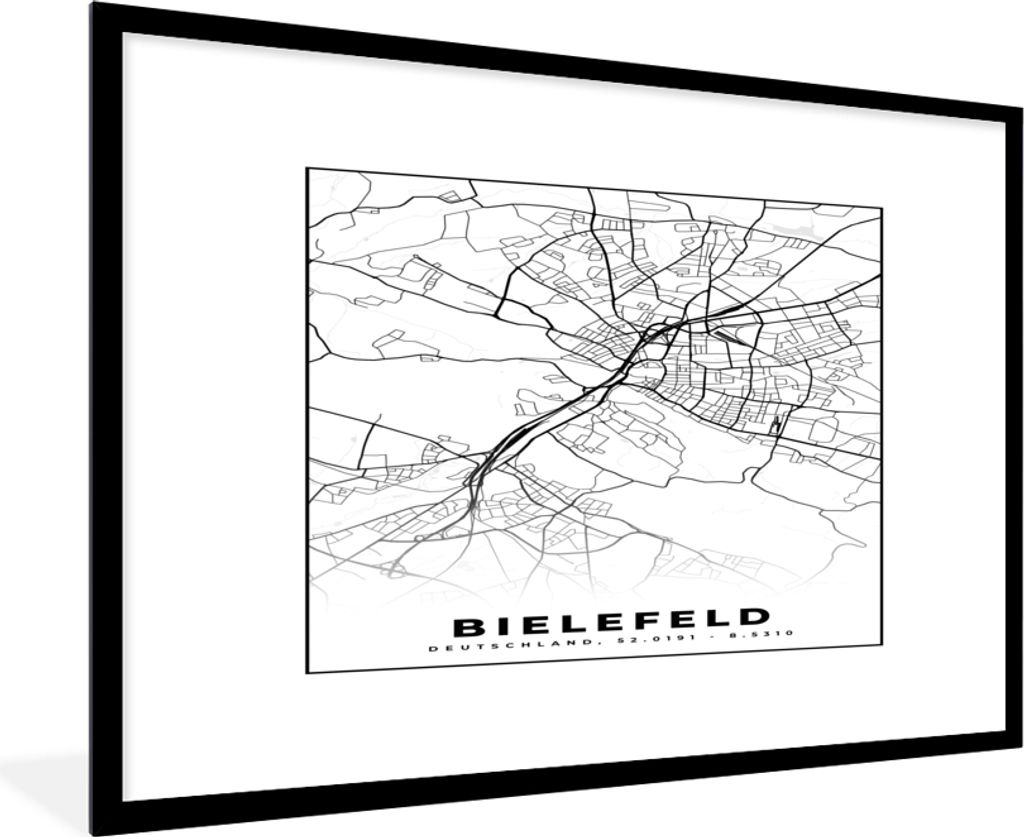 MuchoWow Gerahmtes Poster Karte - Bielefeld - Karte - Stadtplan 90x60 cm - Poster mit Schwarzem Bilderrahmen Wandposter Rahmen Foto Bilder - Wand...